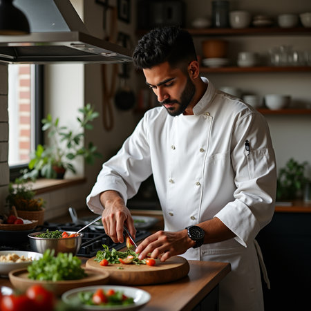 Handsome young man in white chef uniform cooking salad in modern kitchen.の素材