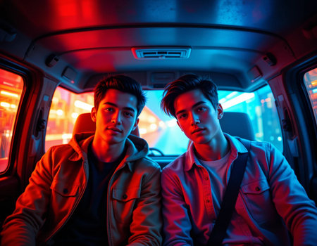 Two young men in the car at night, looking at camera.の素材