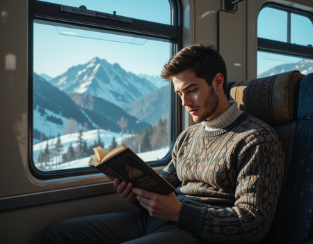 Young handsome man reading a book in a train and looking out the windowの素材