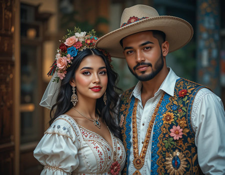 Handsome asian man and beautiful asian woman in traditional costumeの素材