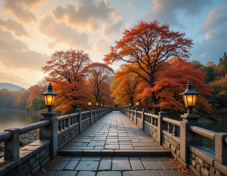 Autumn landscape with colorful trees and bridge in Hangzhou, Chinaの素材
