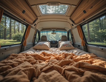 RV camper van interior. Camper van interior in forest.の素材
