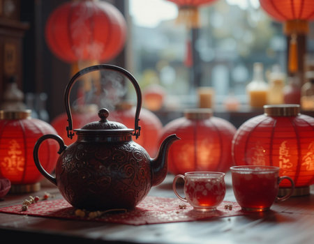 Chinese tea ceremony, teapot and cups with red lanternsの素材