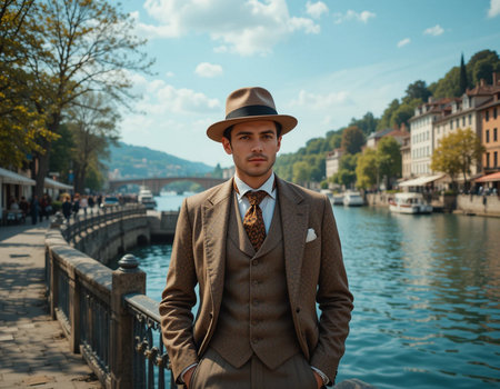 Portrait of a young man in a hat and coat on the embankment of Lake Lucerne.の素材
