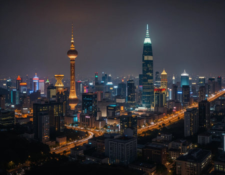 Shanghai skyline at night, China. Shanghai is the capital city of China.の素材