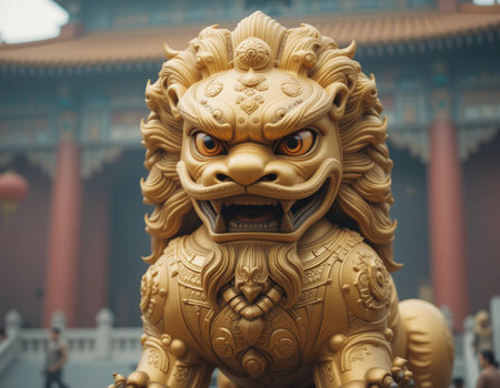 Lion statue in the Forbidden City, Beijing, China. Close up.の素材