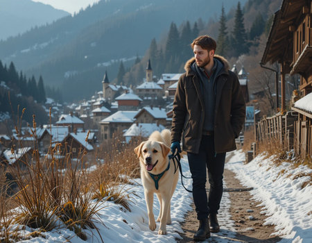 Young man walking with his dog in a snowy mountain village. He is dressed in a brown jacket.の素材