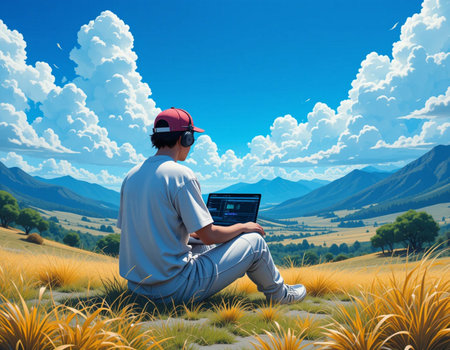 Young man with laptop sitting on grass and looking at the mountains.の素材