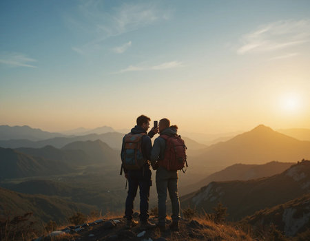 Couple of hikers with backpacks standing on top of a mountain and looking at the sunsetの素材