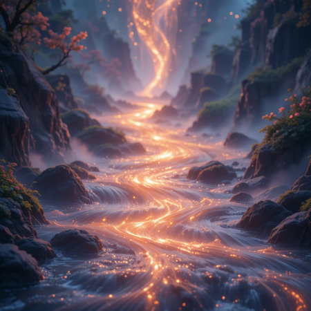 Fantasy landscape of waterfall in the forest at night. 3d renderingの素材