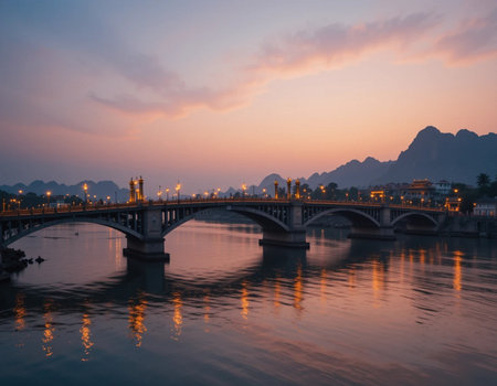 Beautiful sunset at the Yangtze River in Guilin, Chinaの素材