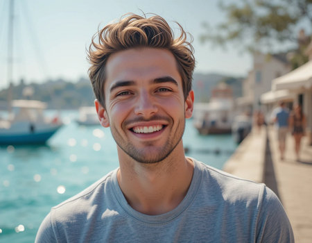 Portrait of a handsome young man smiling on the background of the seaの素材