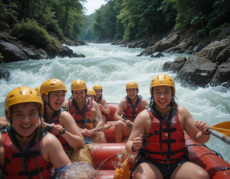 Group of young people rafting on the river in the forest.の素材