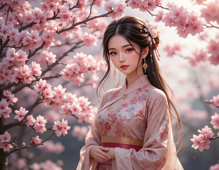 beautiful asian girl in traditional chinese dress with sakura flowersの素材