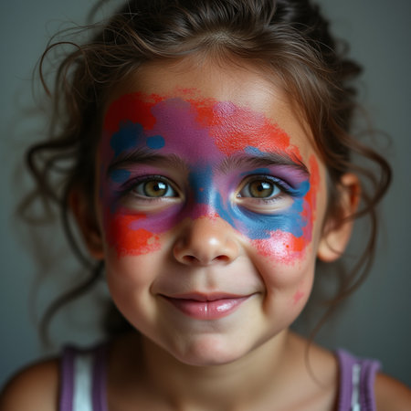 Portrait of a smiling little girl with face painted with colorful paint.の素材