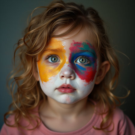 Portrait of a little girl with painted face. Studio shot.の素材