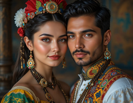 Portrait of a beautiful young couple in traditional Indian costume.の素材