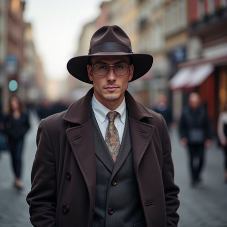 Handsome young man with hat and coat walking in the cityの素材
