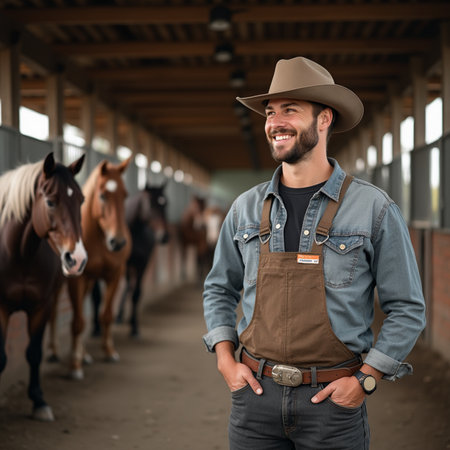 Portrait of a smiling cowboy standing in the stable with his horsesの素材