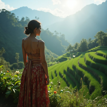 Beautiful girl in a long red dress is standing on the top of the mountain and looking at the valley.の素材