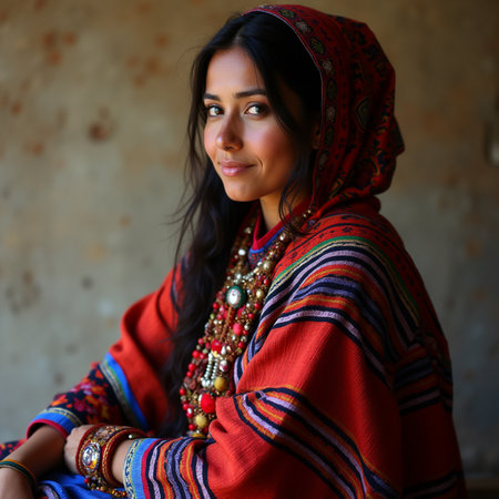 Portrait of a beautiful Indian woman in a red shawlの素材