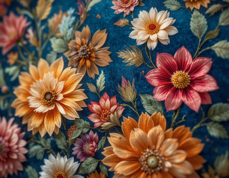 Colorful floral fabric background, closeup of colorful flowers pattern.の素材