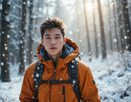 Portrait of a young handsome Asian man in orange jacket in winter forest.の素材