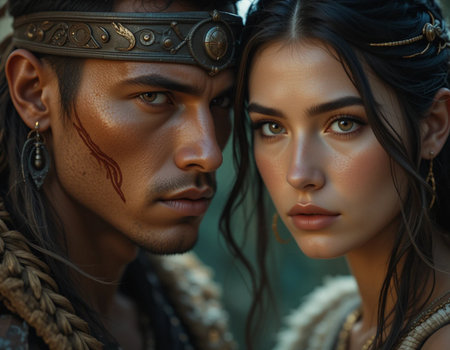 Close-up portrait of a beautiful young couple in boho styleの素材