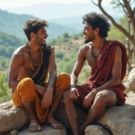 Two young men in traditional clothes sitting on a rock in nature.の素材