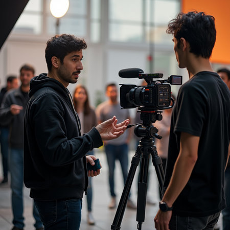 Behind the scenes of a movie. A young man is talking to a cameraman.の素材