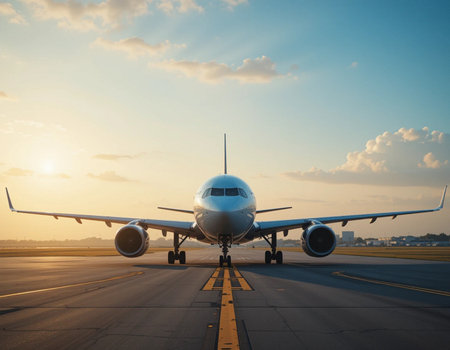 Airplane taking off from the airport runway at sunrise. Travel conceptの素材