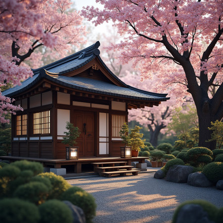 Japanese temple with cherry blossom in spring time. 3D renderingの素材