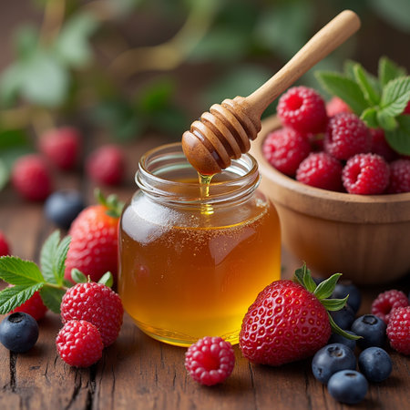 Jar of honey with fresh berries on wooden background. Selective focus.の素材