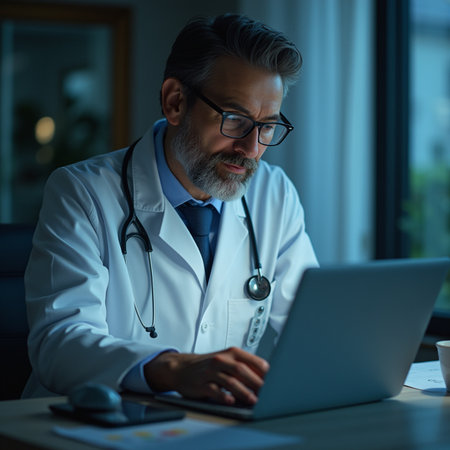 Senior doctor working on laptop computer at night in his office. Medical and healthcare concept.の素材