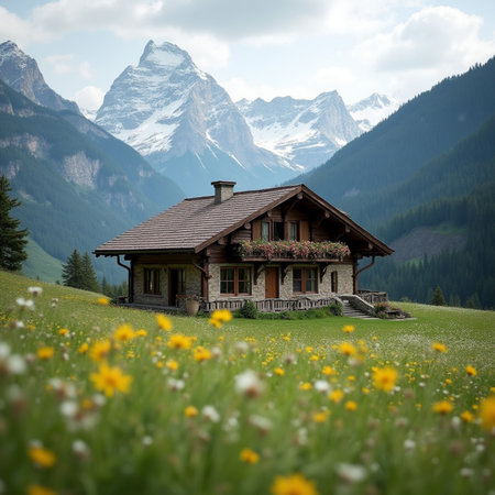 Mountain cottage in the middle of a meadow with flowers.の素材
