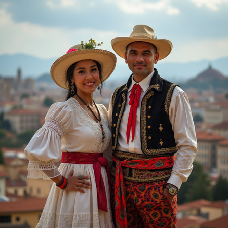 Portrait of a beautiful couple in traditional costume in Florence, Italyの素材