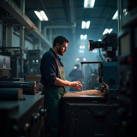 Portrait of a young Caucasian man working on a lathe in a factory.の素材