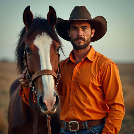 Cowboy with a horse in the field. Cowboy in a cowboy's hat.の素材