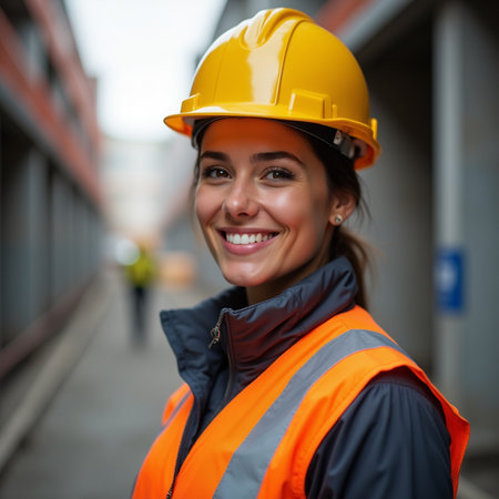 Portrait of a female worker in a construction site wearing a helmetの素材