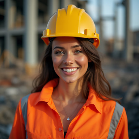 Portrait of a beautiful young woman in a construction helmet smiling at the cameraの素材