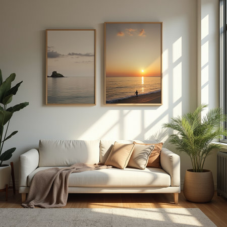interior with white sofa, sea view and sunset. 3d renderの素材