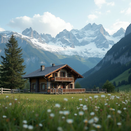 Wooden house in the alpine meadow with mountains in backgroundの素材