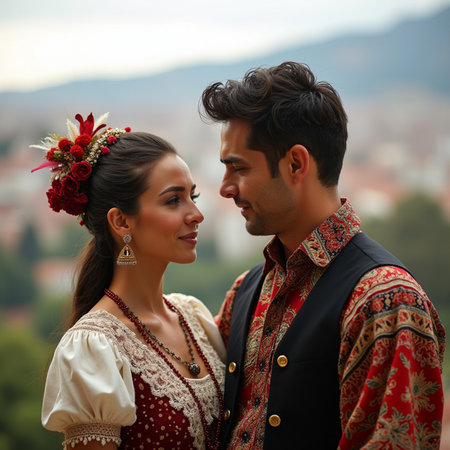 Beautiful young couple in traditional polish clothes posing in front of cameraの素材