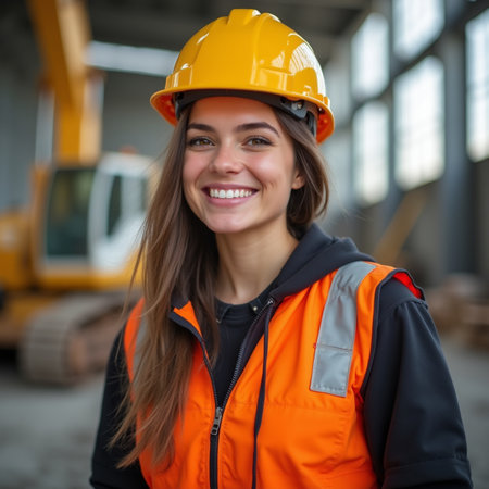 Portrait of a female construction worker smiling at the camera with a construction site in the backgroundの素材