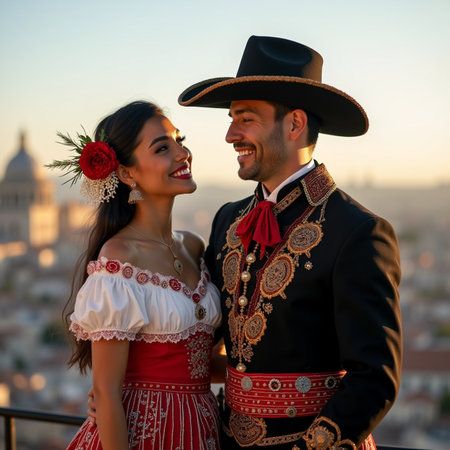 Beautiful couple in traditional clothes posing on the roof of the cityの素材