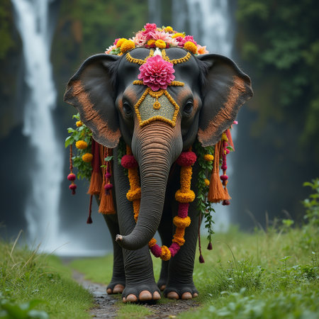 Indian elephant with flower garland and waterfalls in the background.の素材