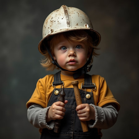 Portrait of a little boy in a helmet with a hammer.の素材