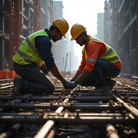 Two engineers working on the construction site. Industry and engineering concept.の素材