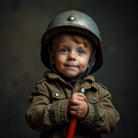 Portrait of a cute little boy in a military uniform and helmet.の素材