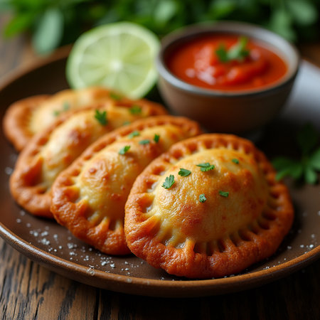 Fried empanadas with tomato sauce and parsley, selective focusの素材